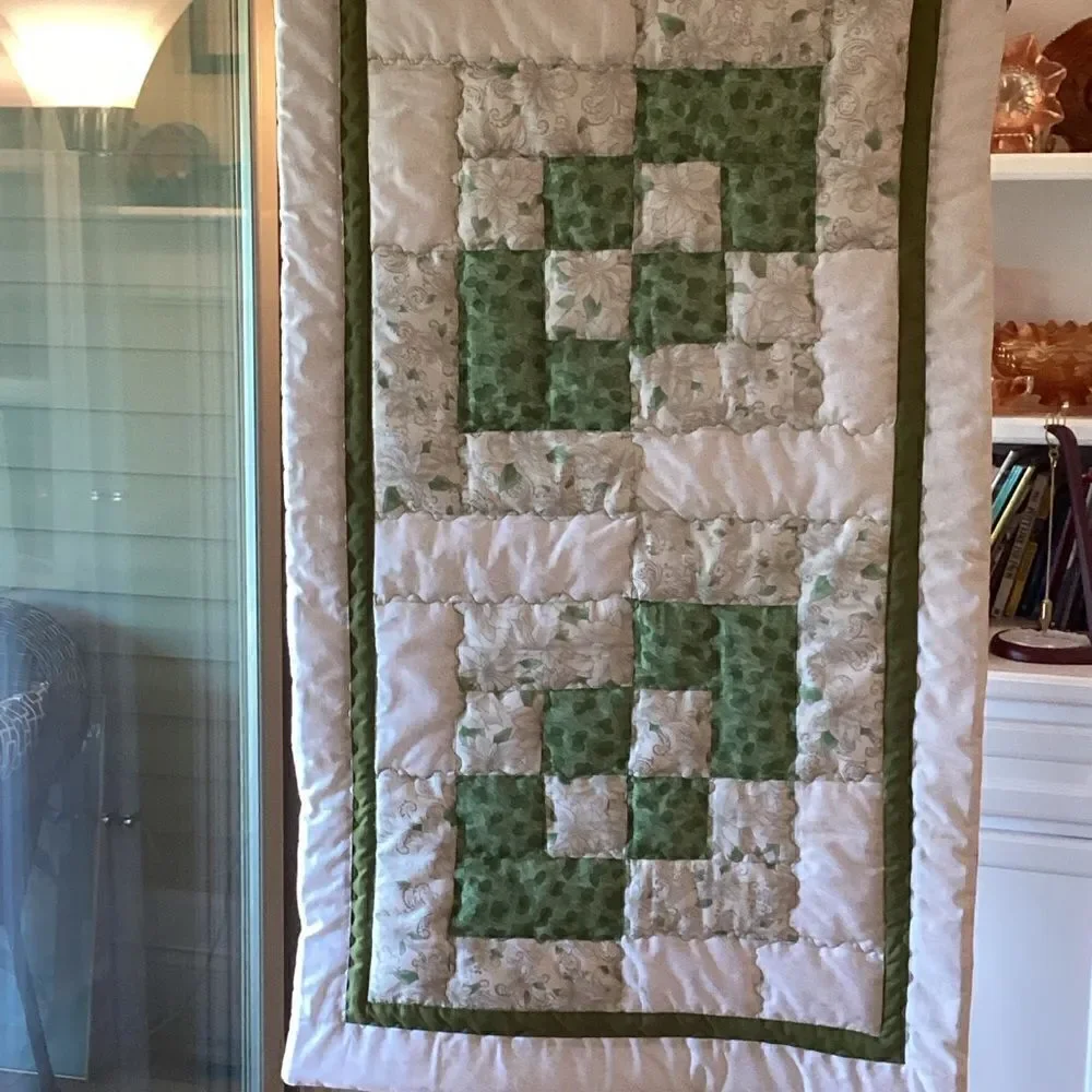 NWT. Hand Crafted Green, White and Silver Quilt